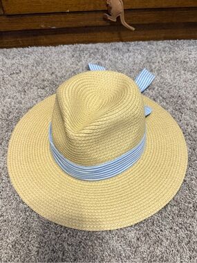 J. Crew Straw Sun Hat with Light Blue and White Stripe Band and Bow